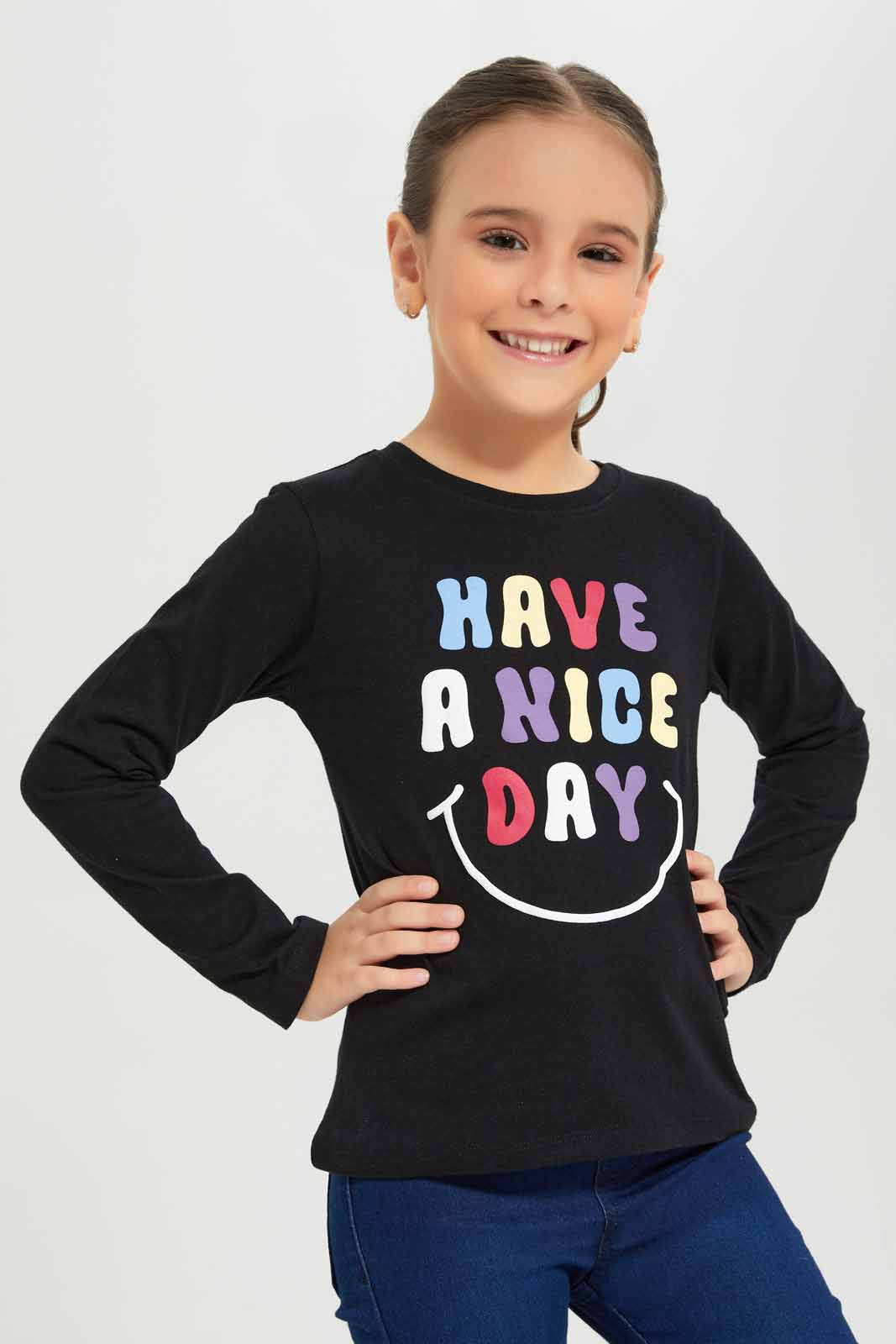 Redtag-Girls-Black-Slogan-Tee-Category:T-Shirts,-Colour:Black,-Deals:New-In,-Dept:Girls,-Filter:Girls-(2-to-8-Yrs),-GIR-T-Shirts,-New-In-GIR-APL,-Non-Sale,-S23A,-Section:Girls-(0-to-14Yrs),-TBL-Girls-2 to 8 Years
