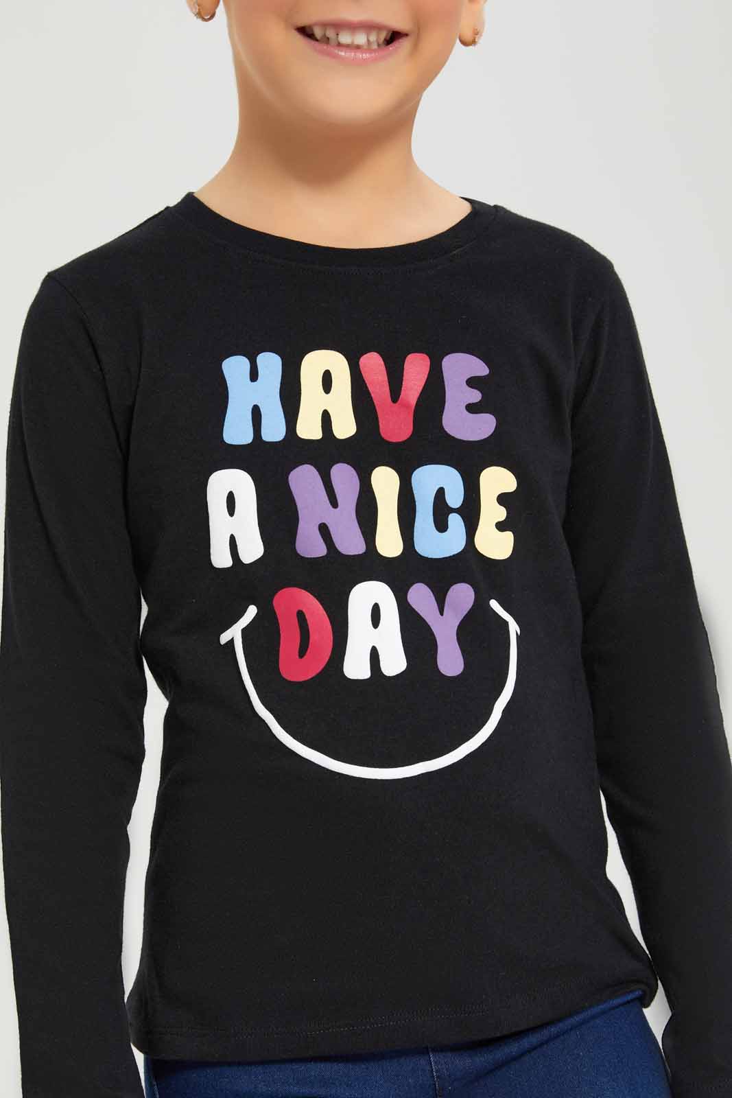 Redtag-Girls-Black-Slogan-Tee-Category:T-Shirts,-Colour:Black,-Deals:New-In,-Dept:Girls,-Filter:Girls-(2-to-8-Yrs),-GIR-T-Shirts,-New-In-GIR-APL,-Non-Sale,-S23A,-Section:Girls-(0-to-14Yrs),-TBL-Girls-2 to 8 Years