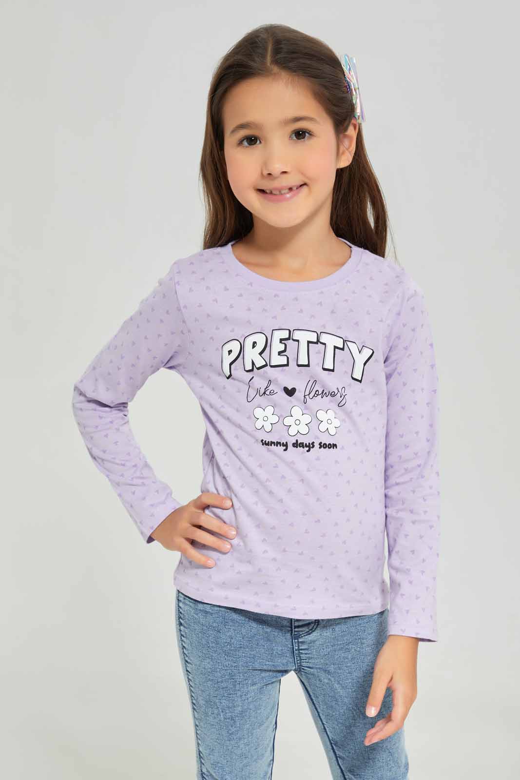 Redtag-Girls-Lilac-Aop-Print-Category:T-Shirts,-Colour:Lilac,-Deals:New-In,-Dept:Girls,-Filter:Girls-(2-to-8-Yrs),-GIR-T-Shirts,-New-In-GIR-APL,-Non-Sale,-S23A,-Section:Girls-(0-to-14Yrs),-TBL-Girls-2 to 8 Years