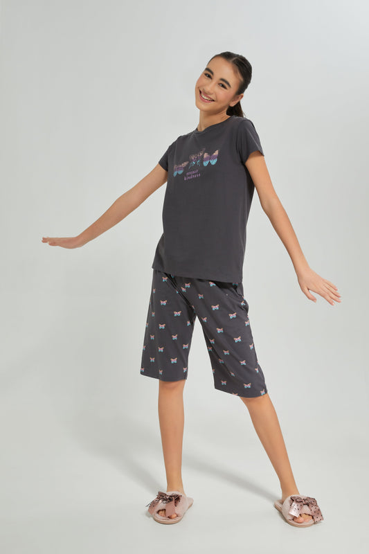 Senior Girls Charcoal Butterfly Print Pyjama Set (2 Piece)