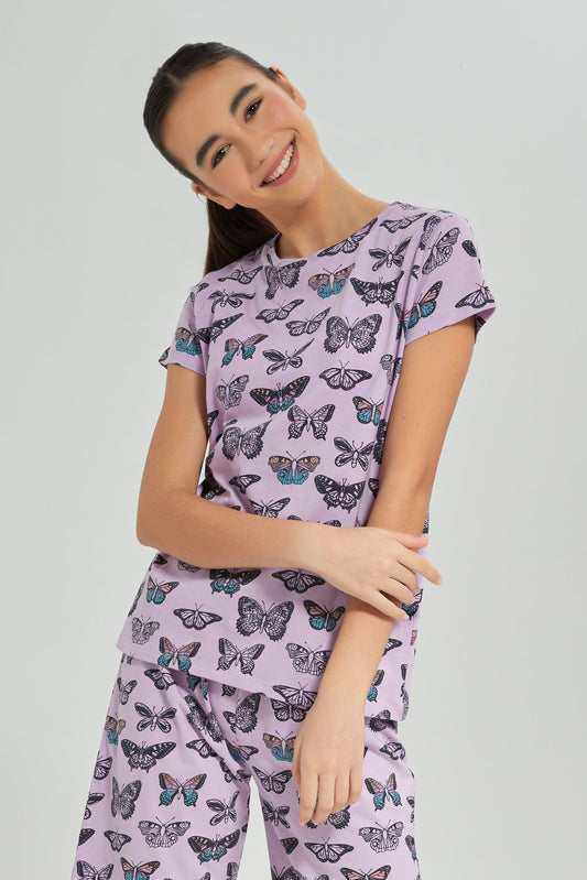 Senior Girls Purple Butterfly Print Pyjama Set (2 Piece)