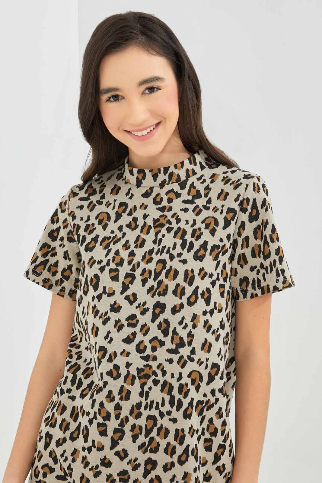 Redtag-Girls-Leopard-Print-Jacquard-Dress-Category:Dresses,-Colour:Beige,-Deals:New-In,-Dept:Girls,-Filter:Senior-Girls-(8-to-14-Yrs),-GSR-Dresses,-New-In-GSR-APL,-Non-Sale,-S23A,-Section:Girls-(0-to-14Yrs)-Senior-Girls-9 to 14 Years