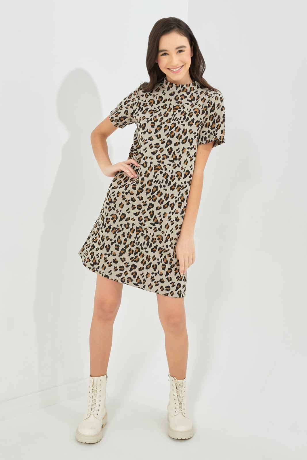 Redtag-Girls-Leopard-Print-Jacquard-Dress-Category:Dresses,-Colour:Beige,-Deals:New-In,-Dept:Girls,-Filter:Senior-Girls-(8-to-14-Yrs),-GSR-Dresses,-New-In-GSR-APL,-Non-Sale,-S23A,-Section:Girls-(0-to-14Yrs)-Senior-Girls-9 to 14 Years