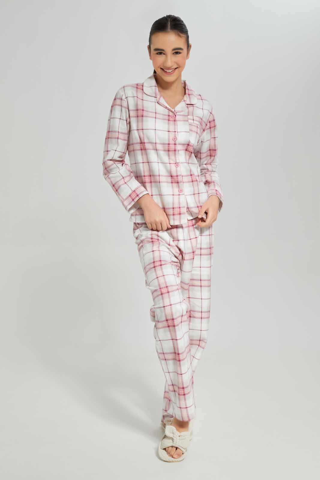 Redtag-Girls-White/Pink-Plaid-Flannel-Shirt-Category:Pyjama-Sets,-Colour:White,-Deals:New-In,-Dept:Girls,-Filter:Senior-Girls-(8-to-14-Yrs),-GSR-Pyjama-Sets,-New-In-GSR-APL,-Non-Sale,-S23A,-Section:Girls-(0-to-14Yrs)-Senior-Girls-9 to 14 Years