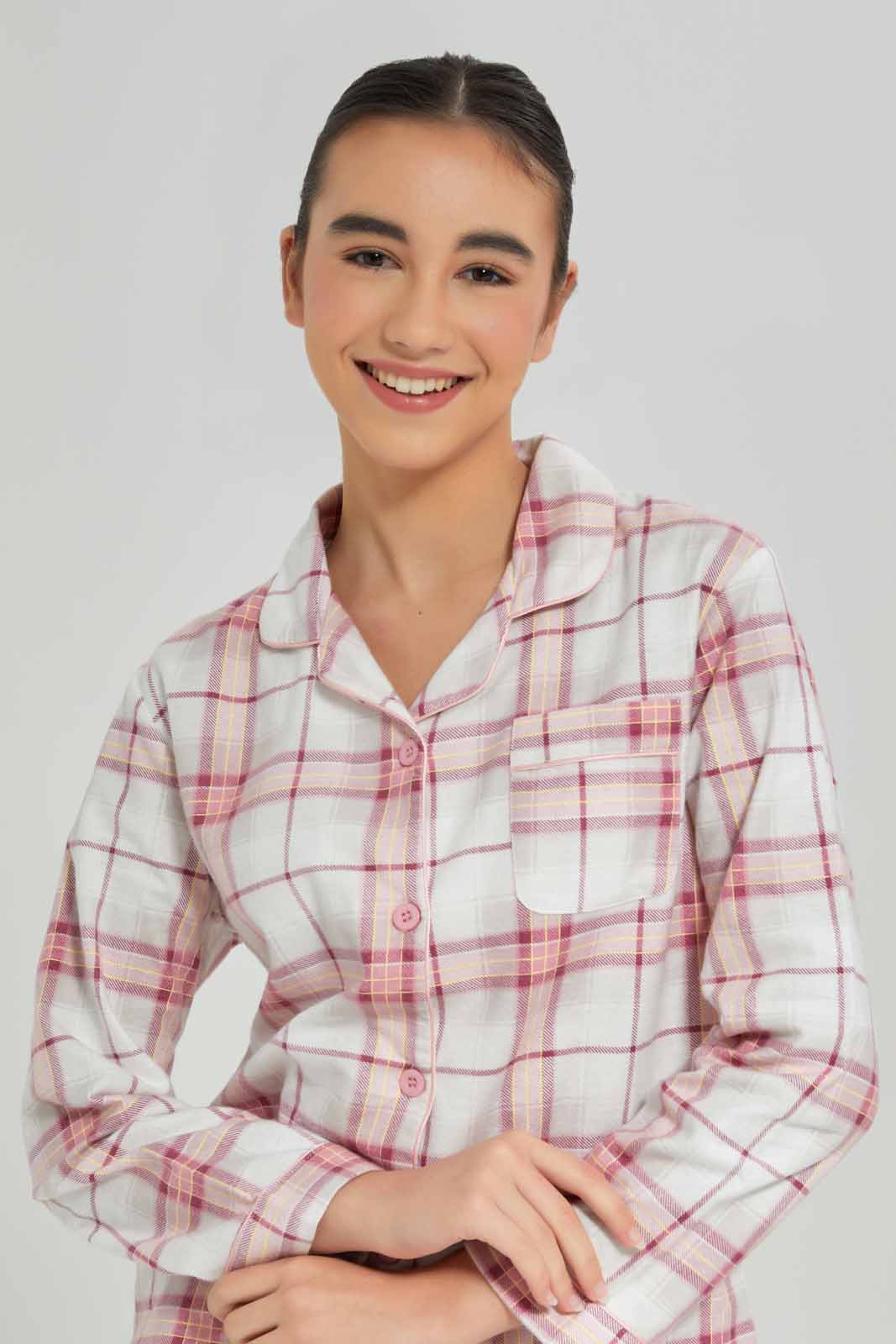 Redtag-Girls-White/Pink-Plaid-Flannel-Shirt-Category:Pyjama-Sets,-Colour:White,-Deals:New-In,-Dept:Girls,-Filter:Senior-Girls-(8-to-14-Yrs),-GSR-Pyjama-Sets,-New-In-GSR-APL,-Non-Sale,-S23A,-Section:Girls-(0-to-14Yrs)-Senior-Girls-9 to 14 Years