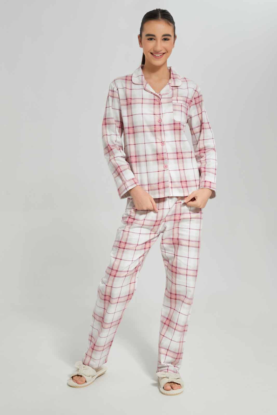 Redtag-Girls-White/Pink-Plaid-Flannel-Shirt-Category:Pyjama-Sets,-Colour:White,-Deals:New-In,-Dept:Girls,-Filter:Senior-Girls-(8-to-14-Yrs),-GSR-Pyjama-Sets,-New-In-GSR-APL,-Non-Sale,-S23A,-Section:Girls-(0-to-14Yrs)-Senior-Girls-9 to 14 Years
