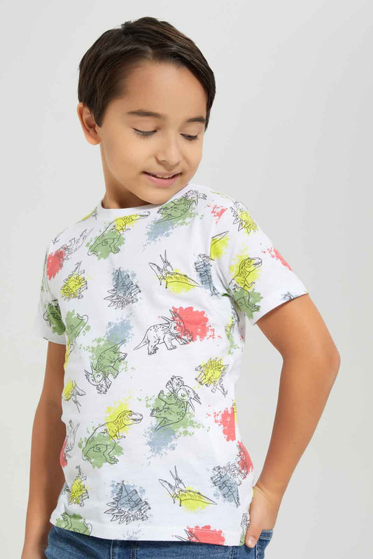 Redtag-Boys-White-Dino-Short-Sleeve-Aop-T-Shirt-BOY-T-Shirts,-Category:T-Shirts,-Colour:White,-Deals:New-In,-Dept:Boys,-Filter:Boys-(2-to-8-Yrs),-New-In-BOY-APL,-Non-Sale,-S23A,-Section:Boys-(0-to-14Yrs),-TBL-Boys-2 to 8 Years