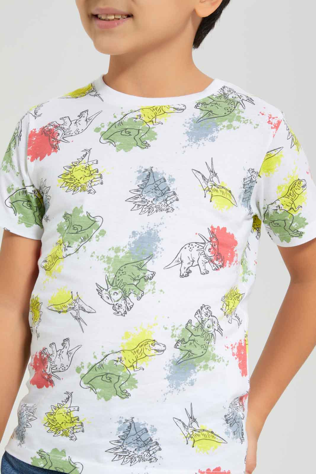 Redtag-Boys-White-Dino-Short-Sleeve-Aop-T-Shirt-BOY-T-Shirts,-Category:T-Shirts,-Colour:White,-Deals:New-In,-Dept:Boys,-Filter:Boys-(2-to-8-Yrs),-New-In-BOY-APL,-Non-Sale,-S23A,-Section:Boys-(0-to-14Yrs),-TBL-Boys-2 to 8 Years