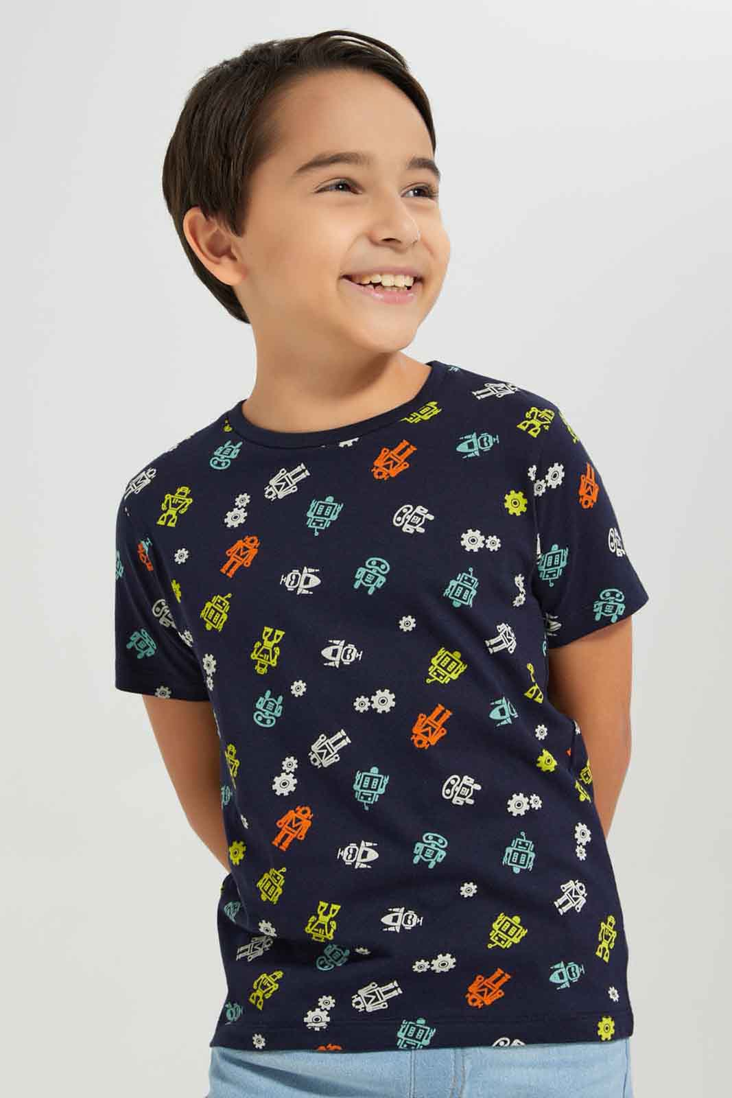 Redtag-Boys-Navy-Robot-Short-Sleeve-Aop-T-Shirt-BOY-T-Shirts,-Category:T-Shirts,-Colour:Navy,-Deals:New-In,-Dept:Boys,-Filter:Boys-(2-to-8-Yrs),-New-In-BOY-APL,-Non-Sale,-S23A,-Section:Boys-(0-to-14Yrs),-TBL-Boys-2 to 8 Years