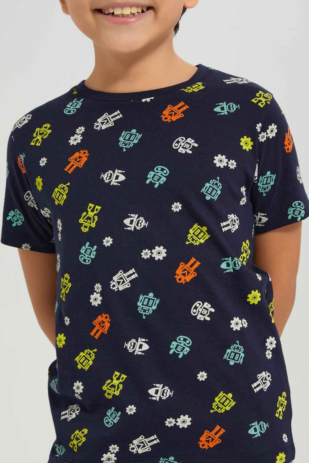 Redtag-Boys-Navy-Robot-Short-Sleeve-Aop-T-Shirt-BOY-T-Shirts,-Category:T-Shirts,-Colour:Navy,-Deals:New-In,-Dept:Boys,-Filter:Boys-(2-to-8-Yrs),-New-In-BOY-APL,-Non-Sale,-S23A,-Section:Boys-(0-to-14Yrs),-TBL-Boys-2 to 8 Years