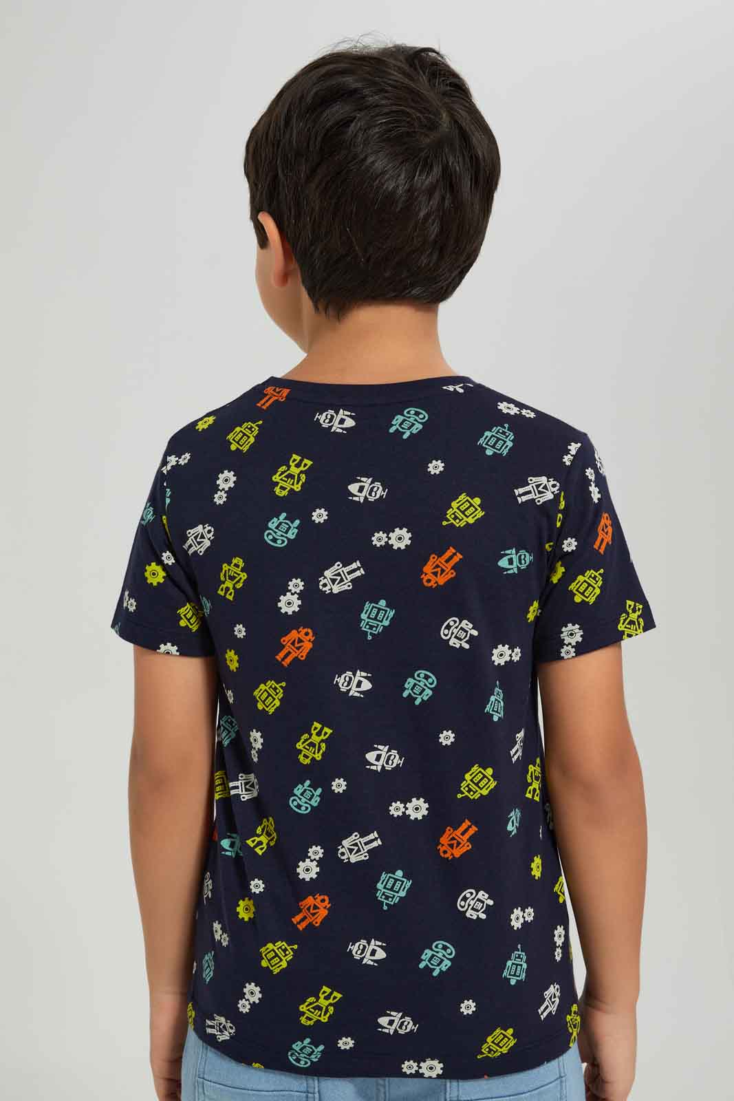 Redtag-Boys-Navy-Robot-Short-Sleeve-Aop-T-Shirt-BOY-T-Shirts,-Category:T-Shirts,-Colour:Navy,-Deals:New-In,-Dept:Boys,-Filter:Boys-(2-to-8-Yrs),-New-In-BOY-APL,-Non-Sale,-S23A,-Section:Boys-(0-to-14Yrs),-TBL-Boys-2 to 8 Years