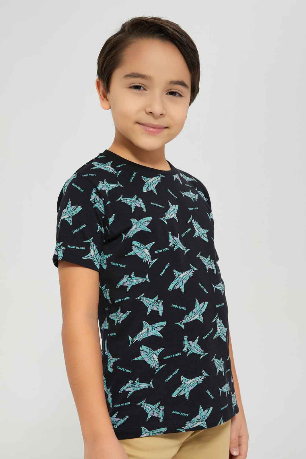 Redtag-Boys-Black-Shark-Short-Sleeve-Aop-T-Shirt-BOY-T-Shirts,-Category:T-Shirts,-Colour:Black,-Deals:New-In,-Dept:Boys,-Filter:Boys-(2-to-8-Yrs),-New-In-BOY-APL,-Non-Sale,-S23A,-Section:Boys-(0-to-14Yrs),-TBL-Boys-2 to 8 Years
