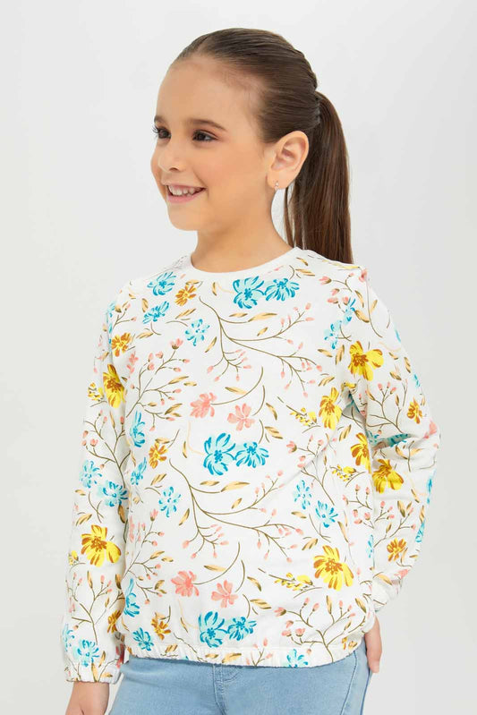 Redtag-Girls-White-Floral-Sweat-Tee-Category:T-Shirts,-Colour:Cream,-Deals:New-In,-Dept:Girls,-Filter:Girls-(2-to-8-Yrs),-GIR-T-Shirts,-New-In-GIR-APL,-Non-Sale,-S23A,-Section:Girls-(0-to-14Yrs),-TBL-Girls-2 to 8 Years