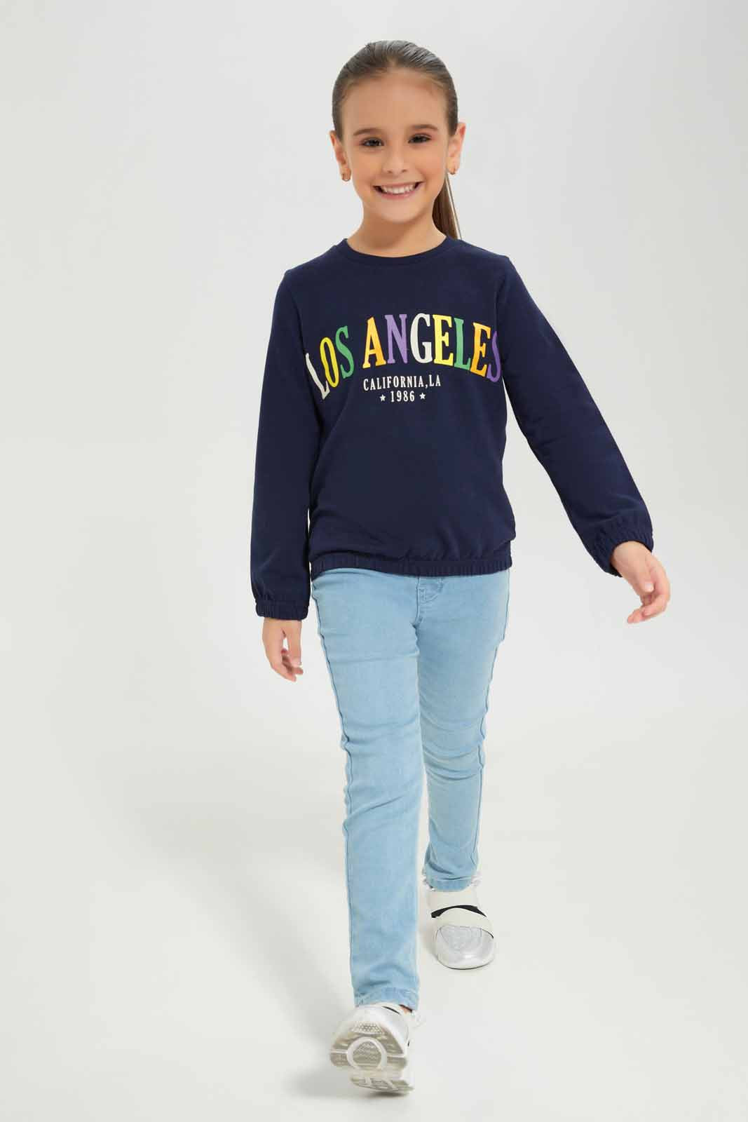 Redtag-Girls-Navy-Graphic-Sweat-Tee-Category:T-Shirts,-Colour:Navy,-Deals:New-In,-Dept:Girls,-Filter:Girls-(2-to-8-Yrs),-GIR-T-Shirts,-New-In-GIR-APL,-Non-Sale,-S23A,-Section:Girls-(0-to-14Yrs),-TBL-Girls-2 to 8 Years