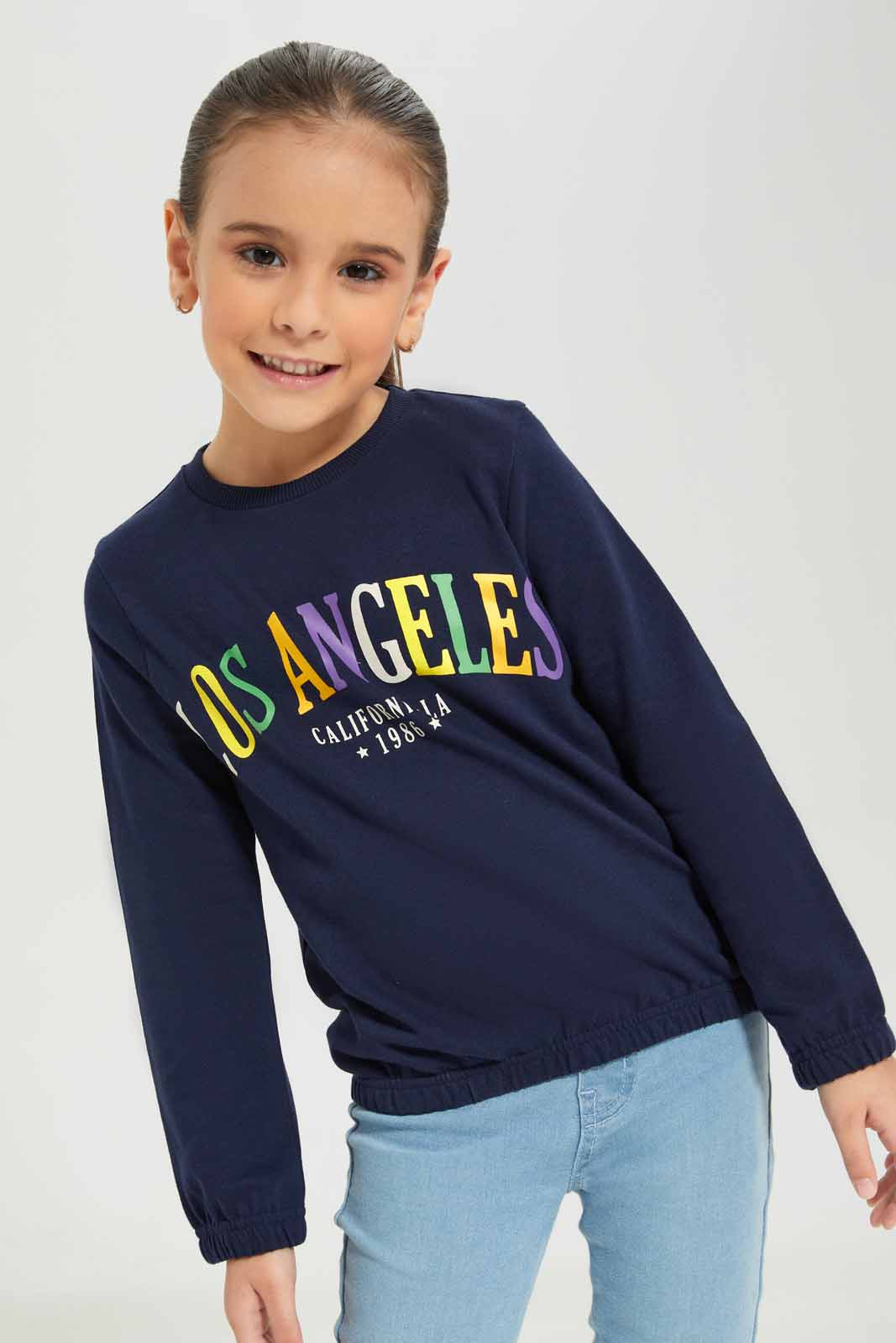 Redtag-Girls-Navy-Graphic-Sweat-Tee-Category:T-Shirts,-Colour:Navy,-Deals:New-In,-Dept:Girls,-Filter:Girls-(2-to-8-Yrs),-GIR-T-Shirts,-New-In-GIR-APL,-Non-Sale,-S23A,-Section:Girls-(0-to-14Yrs),-TBL-Girls-2 to 8 Years