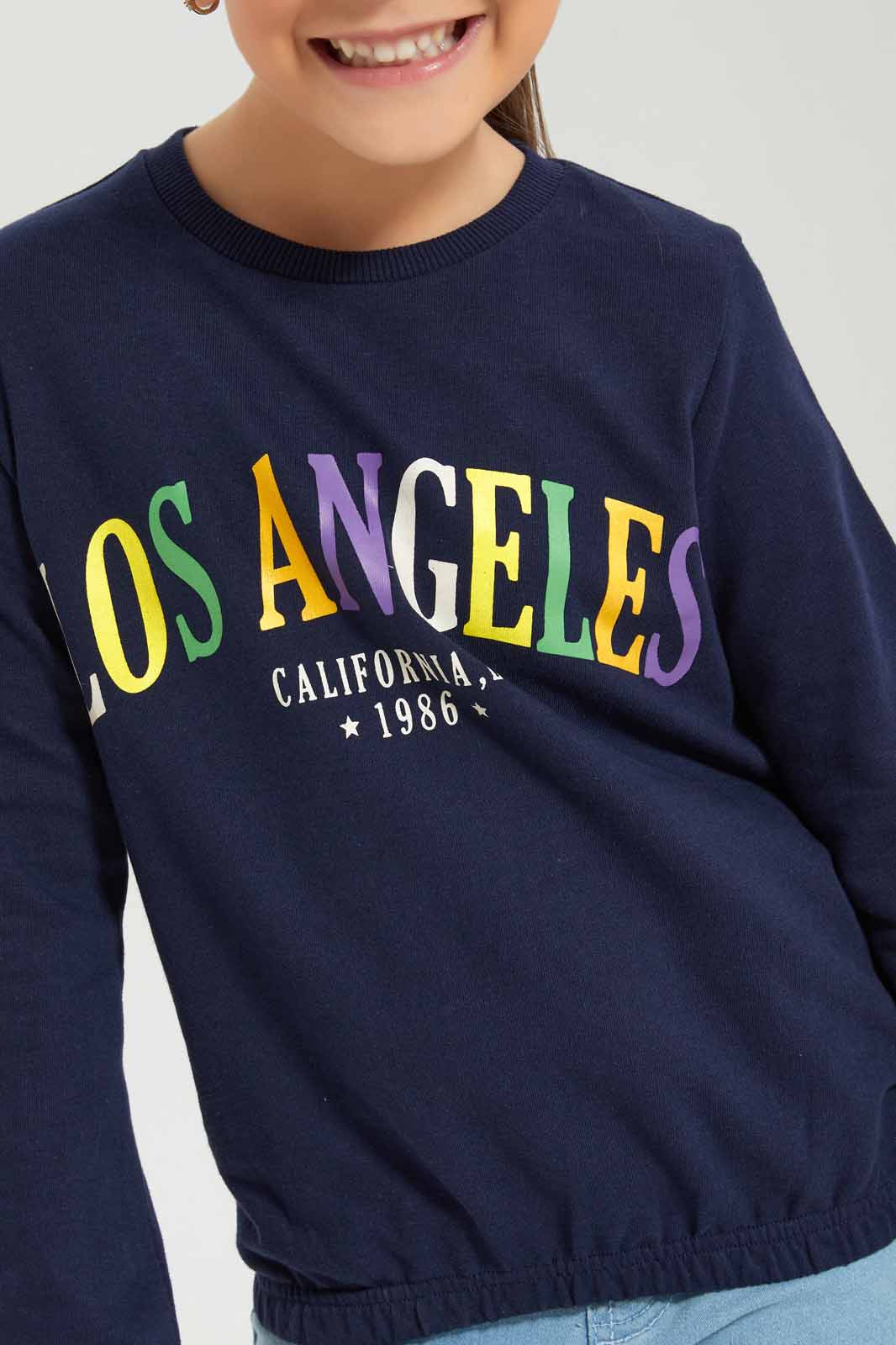 Redtag-Girls-Navy-Graphic-Sweat-Tee-Category:T-Shirts,-Colour:Navy,-Deals:New-In,-Dept:Girls,-Filter:Girls-(2-to-8-Yrs),-GIR-T-Shirts,-New-In-GIR-APL,-Non-Sale,-S23A,-Section:Girls-(0-to-14Yrs),-TBL-Girls-2 to 8 Years