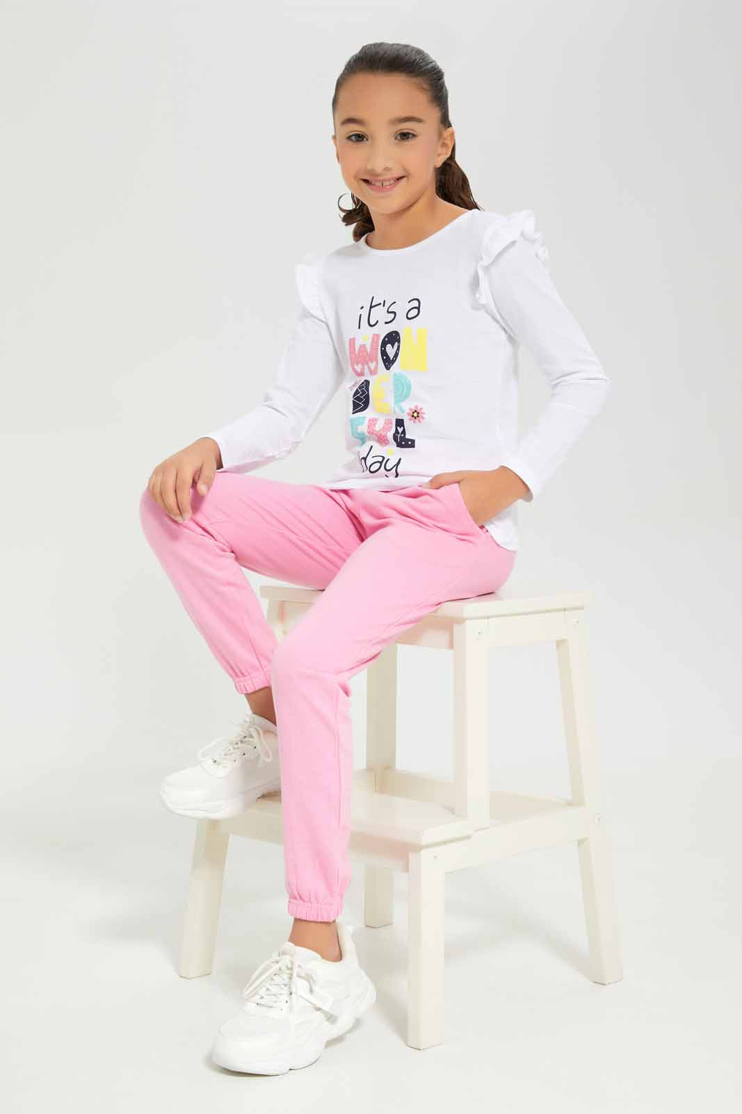 Redtag-Girls-Pink-Jogger-Category:Joggers,-Colour:Apricot,-Deals:New-In,-Dept:Girls,-Filter:Girls-(2-to-8-Yrs),-GIR-Joggers,-New-In-GIR-APL,-Non-Sale,-S23A,-Section:Girls-(0-to-14Yrs),-TBL-Girls-2 to 8 Years