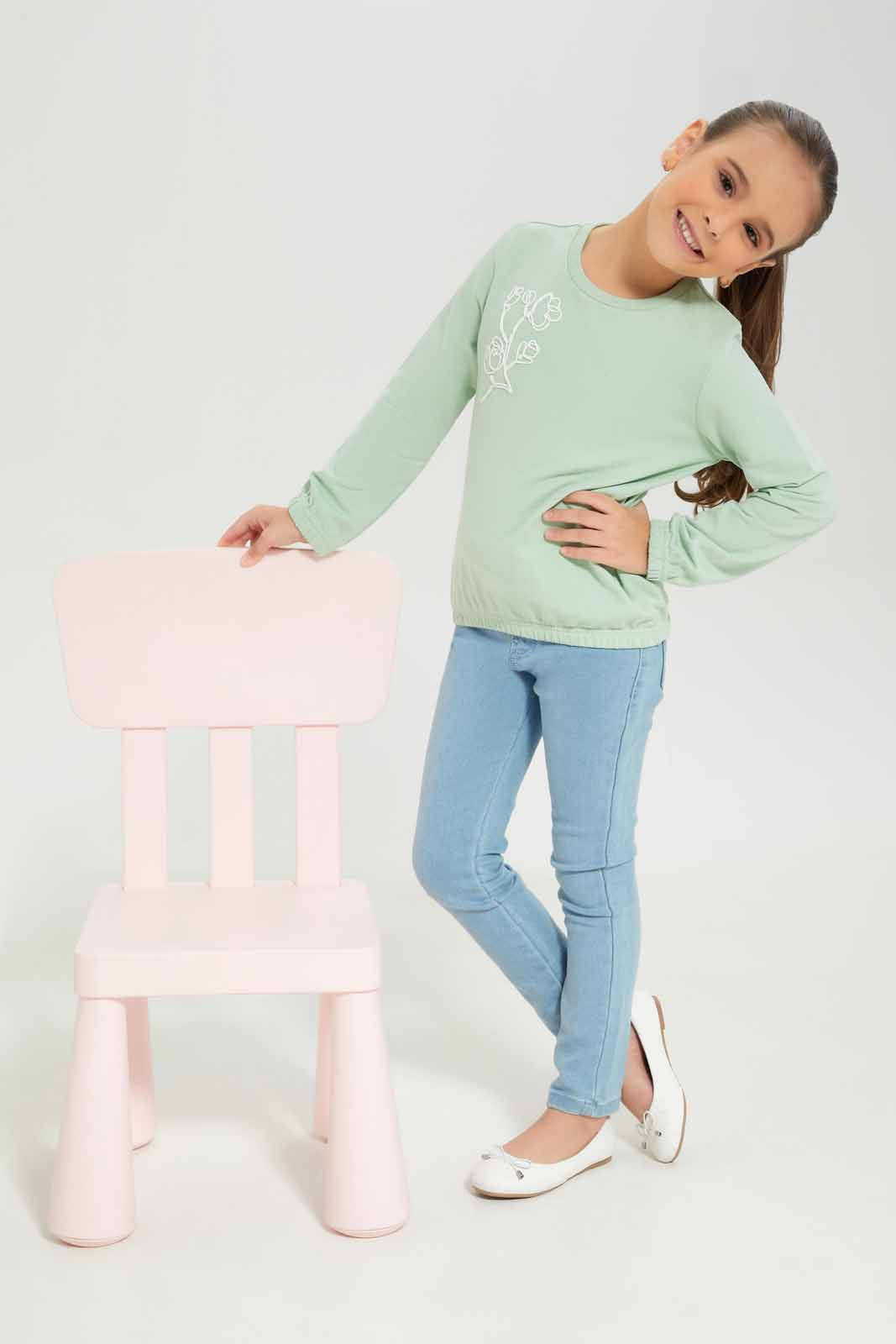 Redtag-Girls-Green-Embro-Sweat-Tee-Category:T-Shirts,-Colour:Green,-Deals:New-In,-Dept:Girls,-Filter:Girls-(2-to-8-Yrs),-GIR-T-Shirts,-New-In-GIR-APL,-Non-Sale,-S23A,-Section:Girls-(0-to-14Yrs),-TBL-Girls-2 to 8 Years