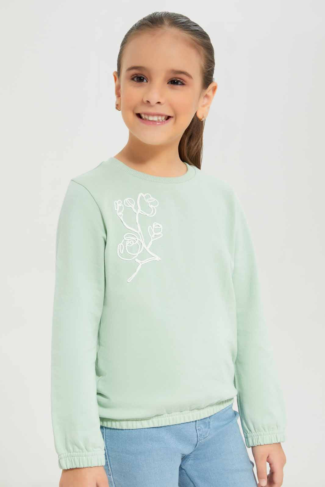 Redtag-Girls-Green-Embro-Sweat-Tee-Category:T-Shirts,-Colour:Green,-Deals:New-In,-Dept:Girls,-Filter:Girls-(2-to-8-Yrs),-GIR-T-Shirts,-New-In-GIR-APL,-Non-Sale,-S23A,-Section:Girls-(0-to-14Yrs),-TBL-Girls-2 to 8 Years