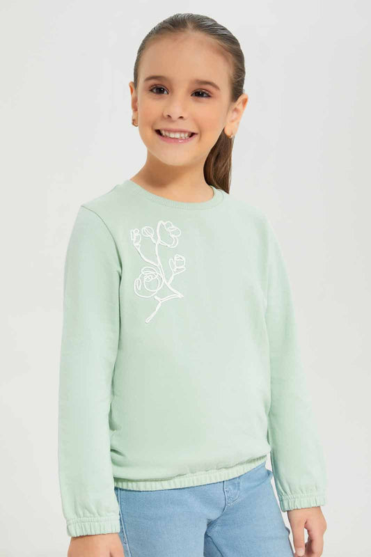 Redtag-Girls-Green-Embro-Sweat-Tee-Category:T-Shirts,-Colour:Green,-Deals:New-In,-Dept:Girls,-Filter:Girls-(2-to-8-Yrs),-GIR-T-Shirts,-New-In-GIR-APL,-Non-Sale,-S23A,-Section:Girls-(0-to-14Yrs),-TBL-Girls-2 to 8 Years