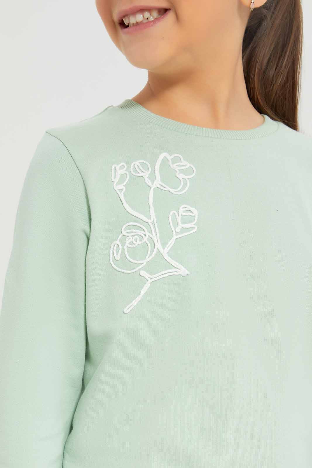 Redtag-Girls-Green-Embro-Sweat-Tee-Category:T-Shirts,-Colour:Green,-Deals:New-In,-Dept:Girls,-Filter:Girls-(2-to-8-Yrs),-GIR-T-Shirts,-New-In-GIR-APL,-Non-Sale,-S23A,-Section:Girls-(0-to-14Yrs),-TBL-Girls-2 to 8 Years