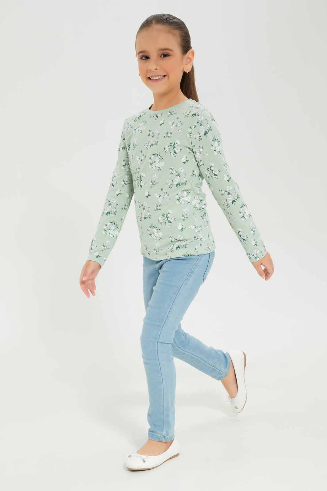 Redtag-Girls-Green-Aop-Floral-Tee-Category:T-Shirts,-Colour:Green,-Deals:New-In,-Dept:Girls,-Filter:Girls-(2-to-8-Yrs),-GIR-T-Shirts,-New-In-GIR-APL,-Non-Sale,-S23A,-Section:Girls-(0-to-14Yrs),-TBL-Girls-2 to 8 Years