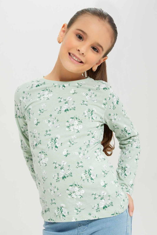 Redtag-Girls-Green-Aop-Floral-Tee-Category:T-Shirts,-Colour:Green,-Deals:New-In,-Dept:Girls,-Filter:Girls-(2-to-8-Yrs),-GIR-T-Shirts,-New-In-GIR-APL,-Non-Sale,-S23A,-Section:Girls-(0-to-14Yrs),-TBL-Girls-2 to 8 Years