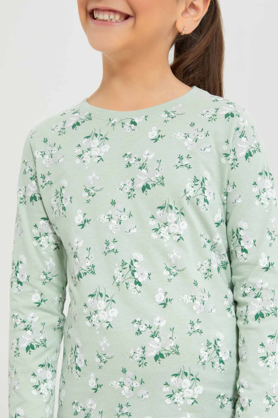 Redtag-Girls-Green-Aop-Floral-Tee-Category:T-Shirts,-Colour:Green,-Deals:New-In,-Dept:Girls,-Filter:Girls-(2-to-8-Yrs),-GIR-T-Shirts,-New-In-GIR-APL,-Non-Sale,-S23A,-Section:Girls-(0-to-14Yrs),-TBL-Girls-2 to 8 Years