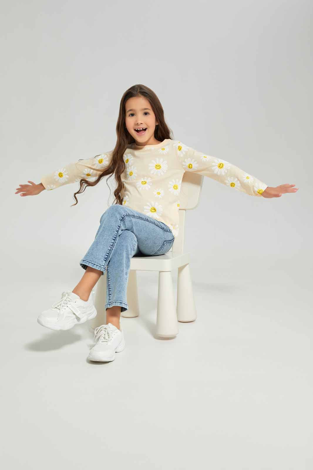 Redtag-Girls-Beige-Aop-Daisy-Print-Tee-Category:T-Shirts,-Colour:Beige,-Deals:New-In,-Dept:Girls,-Filter:Girls-(2-to-8-Yrs),-GIR-T-Shirts,-New-In-GIR-APL,-Non-Sale,-S23A,-Section:Girls-(0-to-14Yrs),-TBL-Girls-2 to 8 Years