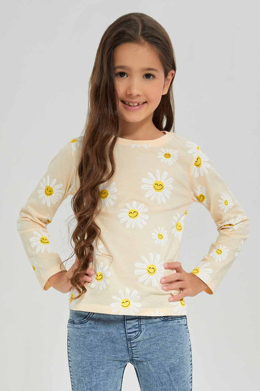 Redtag-Girls-Beige-Aop-Daisy-Print-Tee-Category:T-Shirts,-Colour:Beige,-Deals:New-In,-Dept:Girls,-Filter:Girls-(2-to-8-Yrs),-GIR-T-Shirts,-New-In-GIR-APL,-Non-Sale,-S23A,-Section:Girls-(0-to-14Yrs),-TBL-Girls-2 to 8 Years