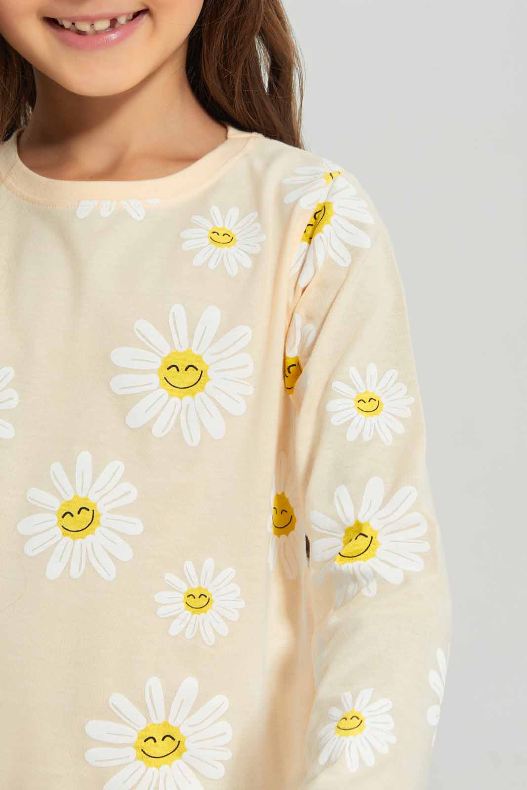 Redtag-Girls-Beige-Aop-Daisy-Print-Tee-Category:T-Shirts,-Colour:Beige,-Deals:New-In,-Dept:Girls,-Filter:Girls-(2-to-8-Yrs),-GIR-T-Shirts,-New-In-GIR-APL,-Non-Sale,-S23A,-Section:Girls-(0-to-14Yrs),-TBL-Girls-2 to 8 Years