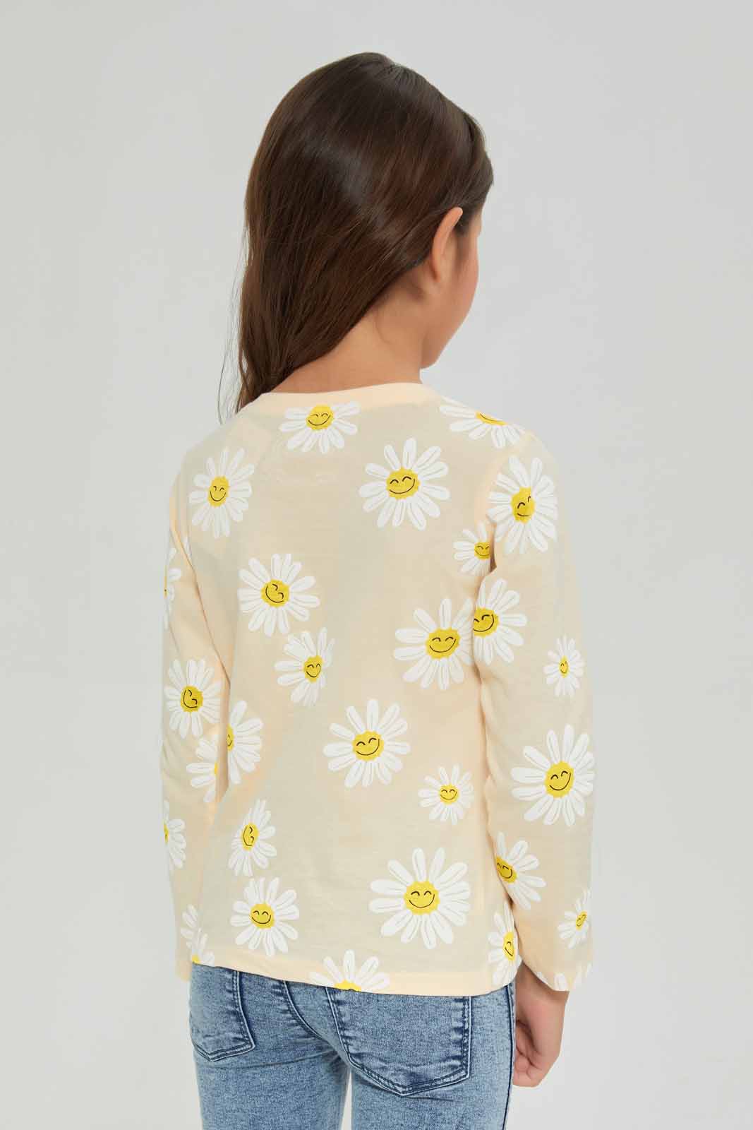 Redtag-Girls-Beige-Aop-Daisy-Print-Tee-Category:T-Shirts,-Colour:Beige,-Deals:New-In,-Dept:Girls,-Filter:Girls-(2-to-8-Yrs),-GIR-T-Shirts,-New-In-GIR-APL,-Non-Sale,-S23A,-Section:Girls-(0-to-14Yrs),-TBL-Girls-2 to 8 Years