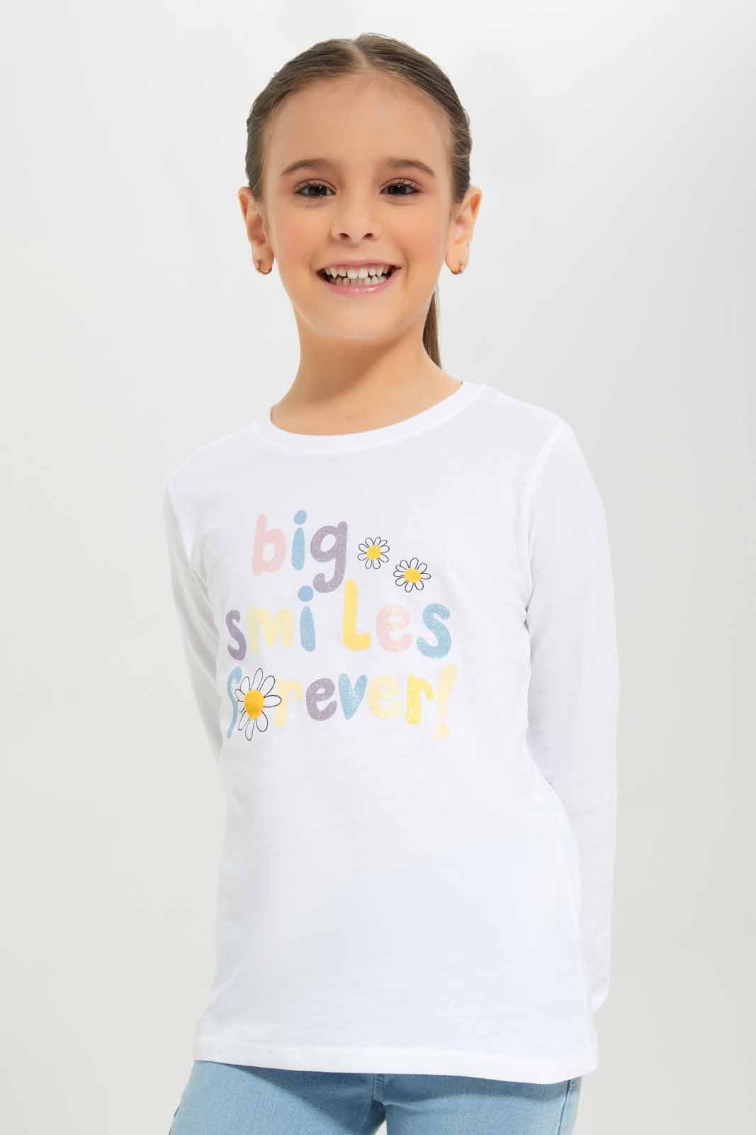Redtag-Girls-White-Graphic-Tee-Category:T-Shirts,-Colour:White,-Deals:New-In,-Dept:Girls,-Filter:Girls-(2-to-8-Yrs),-GIR-T-Shirts,-New-In-GIR-APL,-Non-Sale,-S23A,-Section:Girls-(0-to-14Yrs),-TBL-Girls-2 to 8 Years