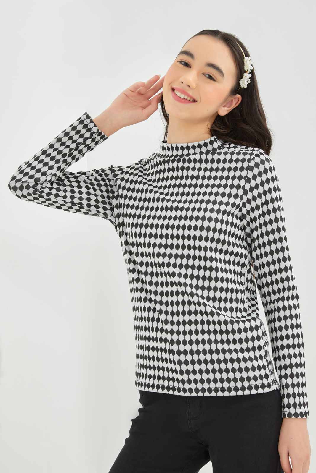 Redtag-Girls-High-Neck-Jacquard-Top-Category:T-Shirts,-Colour:Black,-Deals:New-In,-Dept:Girls,-Filter:Senior-Girls-(8-to-14-Yrs),-GSR-T-Shirts,-New-In-GSR-APL,-Non-Sale,-S23A,-Section:Girls-(0-to-14Yrs)-Senior-Girls-