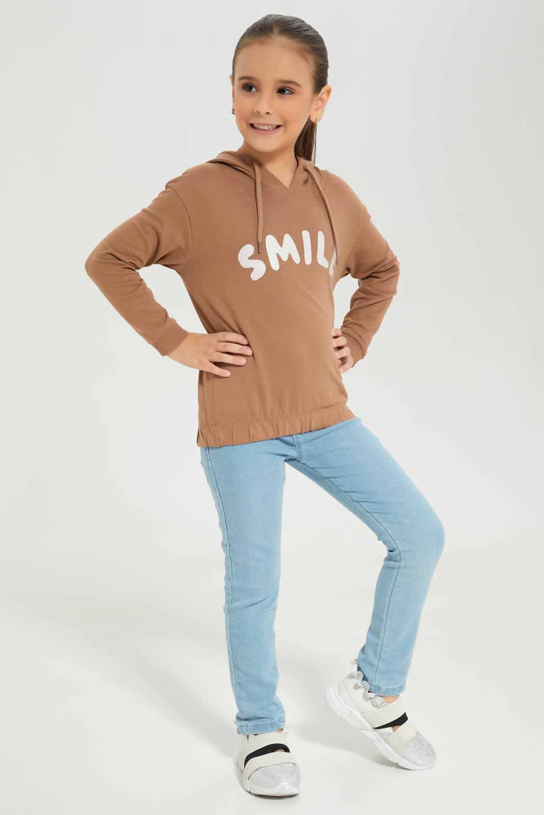 Redtag-Girls-Brown-Smile-Hooded-Sweatshirt-Category:Sweatshirts,-Colour:Brown,-Deals:New-In,-Dept:Girls,-Filter:Girls-(2-to-8-Yrs),-GIR-Sweatshirts,-New-In-GIR-APL,-Non-Sale,-S23A,-Section:Girls-(0-to-14Yrs),-TBL-Girls-2 to 8 Years