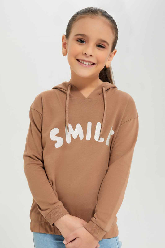 Redtag-Girls-Brown-Smile-Hooded-Sweatshirt-Category:Sweatshirts,-Colour:Brown,-Deals:New-In,-Dept:Girls,-Filter:Girls-(2-to-8-Yrs),-GIR-Sweatshirts,-New-In-GIR-APL,-Non-Sale,-S23A,-Section:Girls-(0-to-14Yrs),-TBL-Girls-2 to 8 Years