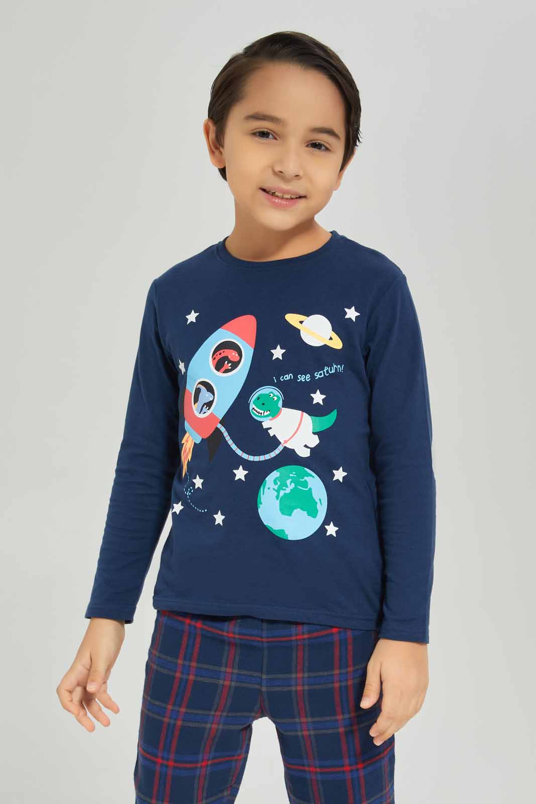 Redtag-Boys-Blue-Long-Sleeve-Single-Jersey-Printed-T-Shirt-With-Brushedcheck-Pant-BOY-Pyjama-Sets,-Category:Pyjama-Sets,-Colour:Blue,-Deals:New-In,-Dept:Boys,-Filter:Boys-(2-to-8-Yrs),-New-In-BOY-APL,-Non-Sale,-S23A,-Section:Boys-(0-to-14Yrs)-Boys-2 to 8 Years