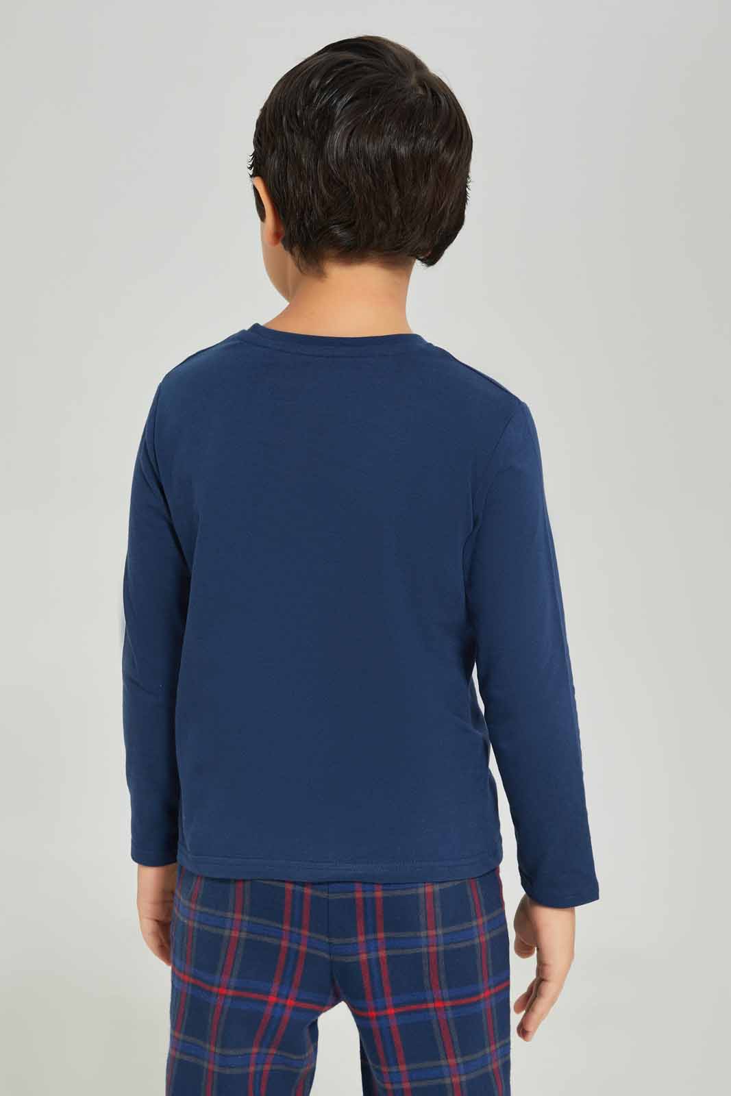 Redtag-Boys-Blue-Long-Sleeve-Single-Jersey-Printed-T-Shirt-With-Brushedcheck-Pant-BOY-Pyjama-Sets,-Category:Pyjama-Sets,-Colour:Blue,-Deals:New-In,-Dept:Boys,-Filter:Boys-(2-to-8-Yrs),-New-In-BOY-APL,-Non-Sale,-S23A,-Section:Boys-(0-to-14Yrs)-Boys-2 to 8 Years