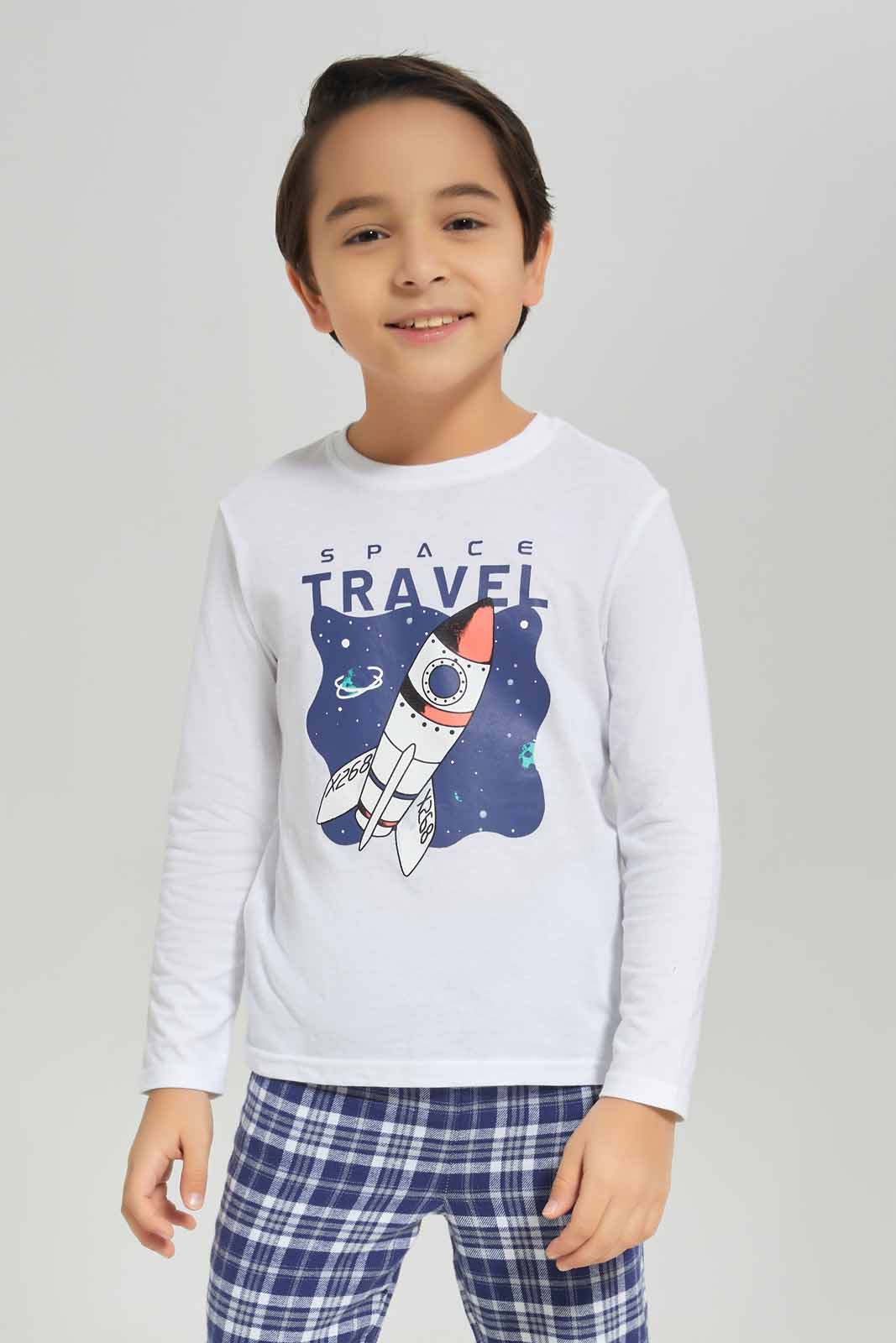 Redtag-Boys-Black-Long-Sleeve-Single-Jersey-Printed-T-Shirt-With-Brushedcheck-Pant-BOY-Pyjama-Sets,-Category:Pyjama-Sets,-Colour:Black,-Deals:New-In,-Dept:Boys,-Filter:Boys-(2-to-8-Yrs),-New-In-BOY-APL,-Non-Sale,-S23A,-Section:Boys-(0-to-14Yrs)-Boys-2 to 8 Years