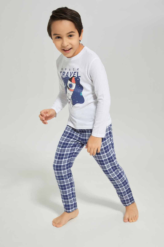 Redtag-Boys-Black-Long-Sleeve-Single-Jersey-Printed-T-Shirt-With-Brushedcheck-Pant-BOY-Pyjama-Sets,-Category:Pyjama-Sets,-Colour:Black,-Deals:New-In,-Dept:Boys,-Filter:Boys-(2-to-8-Yrs),-New-In-BOY-APL,-Non-Sale,-S23A,-Section:Boys-(0-to-14Yrs)-Boys-2 to 8 Years