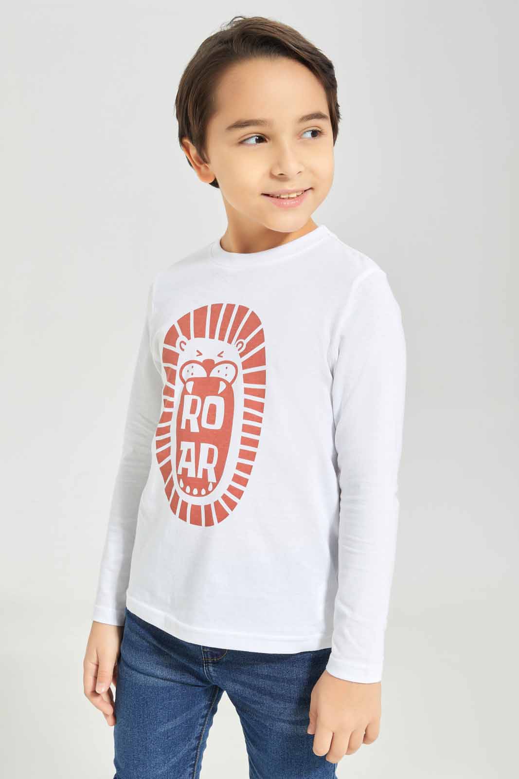 Redtag-Boys-White-Lion-Long-Sleeve-Graphic-T-Shirt-BOY-T-Shirts,-Category:T-Shirts,-Colour:White,-Deals:New-In,-Dept:Boys,-Filter:Boys-(2-to-8-Yrs),-New-In-BOY-APL,-Non-Sale,-S23A,-Section:Boys-(0-to-14Yrs),-TBL-Boys-2 to 8 Years