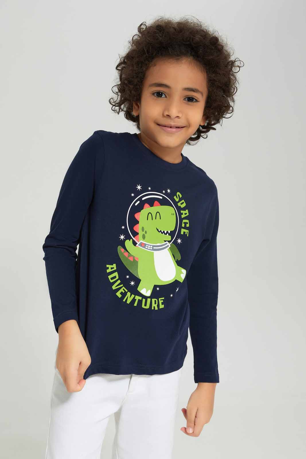 Redtag-Boys-Navy-Dino-Long-Sleeve-Graphic-T-Shirt-BOY-T-Shirts,-Category:T-Shirts,-Colour:Navy,-Deals:New-In,-Dept:Boys,-Filter:Boys-(2-to-8-Yrs),-New-In-BOY-APL,-Non-Sale,-S23A,-Section:Boys-(0-to-14Yrs),-TBL-Boys-2 to 8 Years