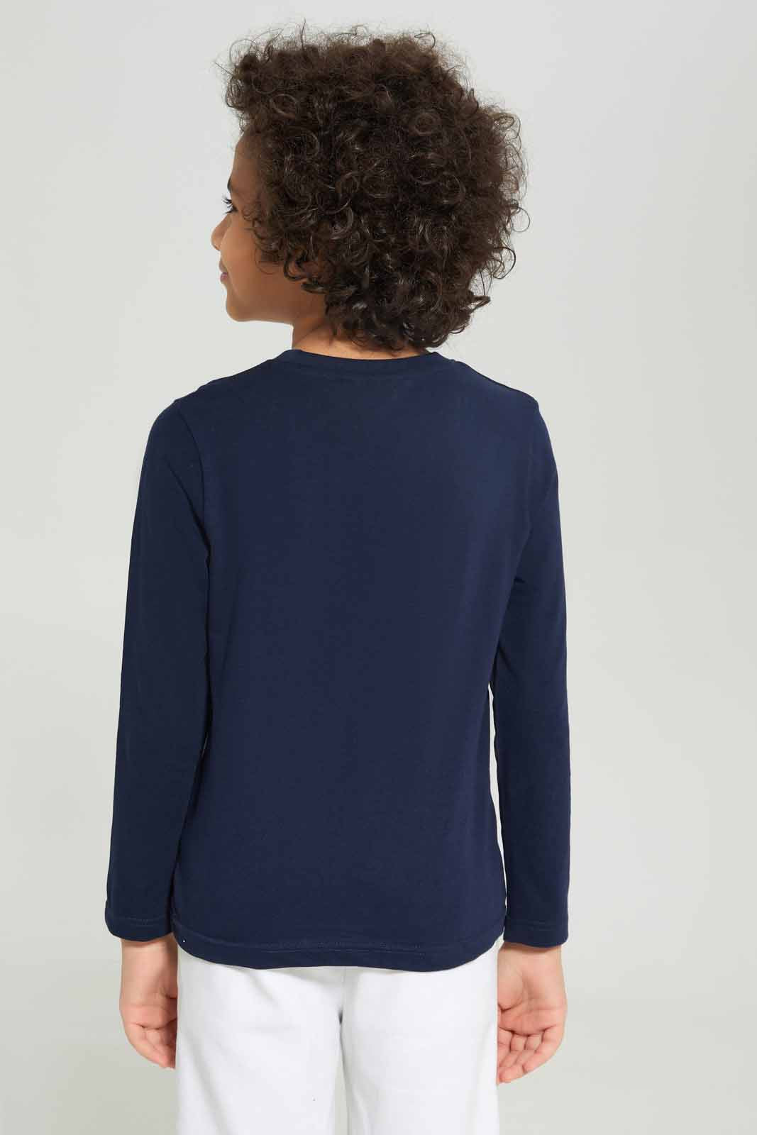 Redtag-Boys-Navy-Dino-Long-Sleeve-Graphic-T-Shirt-BOY-T-Shirts,-Category:T-Shirts,-Colour:Navy,-Deals:New-In,-Dept:Boys,-Filter:Boys-(2-to-8-Yrs),-New-In-BOY-APL,-Non-Sale,-S23A,-Section:Boys-(0-to-14Yrs),-TBL-Boys-2 to 8 Years