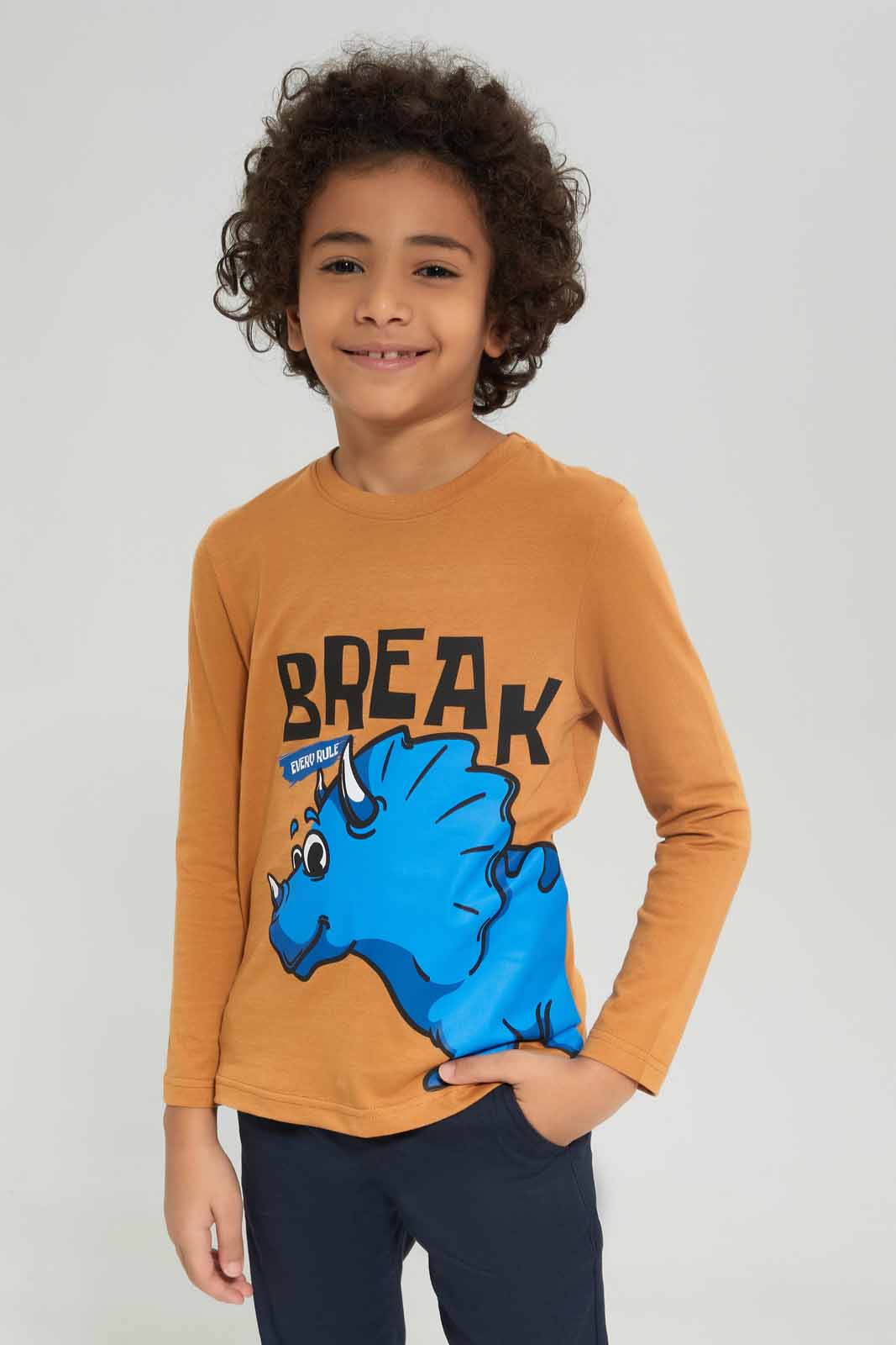 Redtag-Boys-Brown-Dino-Long-Sleeve-Graphic-T-Shirt-BOY-T-Shirts,-Category:T-Shirts,-Colour:Brown,-Deals:New-In,-Dept:Boys,-Filter:Boys-(2-to-8-Yrs),-New-In-BOY-APL,-Non-Sale,-S23A,-Section:Boys-(0-to-14Yrs),-TBL-Boys-2 to 8 Years