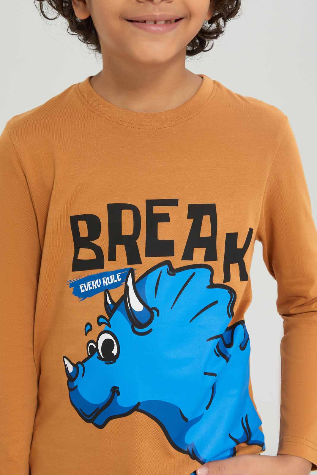 Redtag-Boys-Brown-Dino-Long-Sleeve-Graphic-T-Shirt-BOY-T-Shirts,-Category:T-Shirts,-Colour:Brown,-Deals:New-In,-Dept:Boys,-Filter:Boys-(2-to-8-Yrs),-New-In-BOY-APL,-Non-Sale,-S23A,-Section:Boys-(0-to-14Yrs),-TBL-Boys-2 to 8 Years