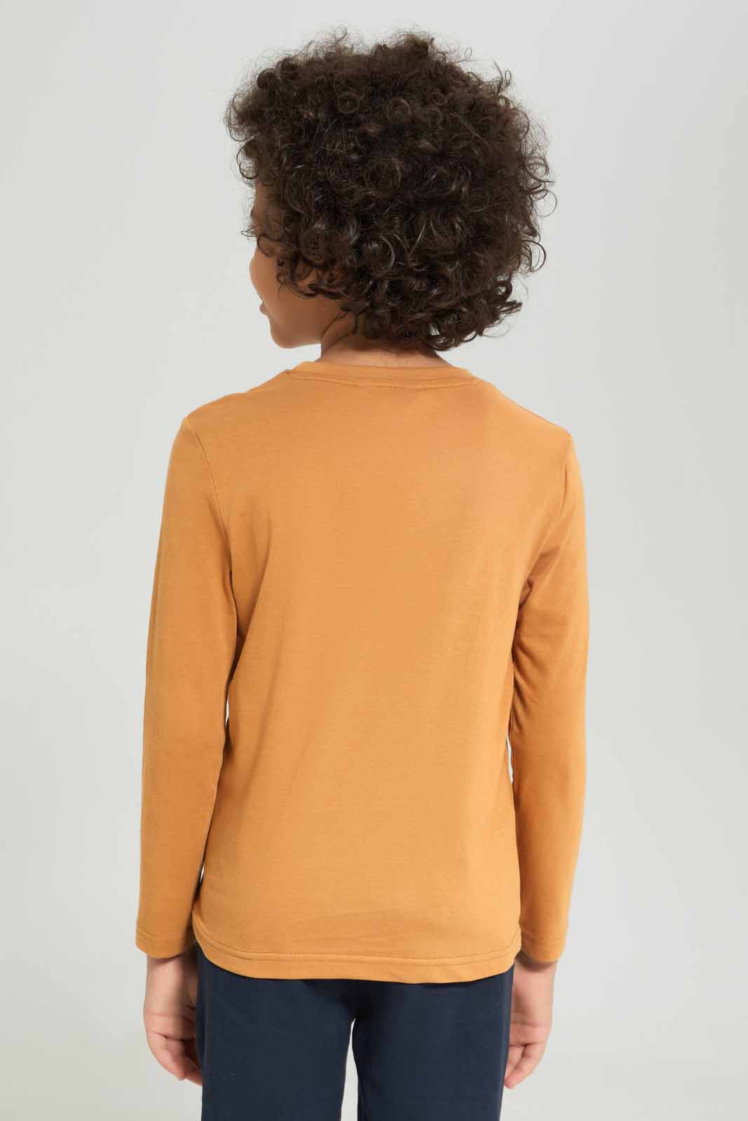 Redtag-Boys-Brown-Dino-Long-Sleeve-Graphic-T-Shirt-BOY-T-Shirts,-Category:T-Shirts,-Colour:Brown,-Deals:New-In,-Dept:Boys,-Filter:Boys-(2-to-8-Yrs),-New-In-BOY-APL,-Non-Sale,-S23A,-Section:Boys-(0-to-14Yrs),-TBL-Boys-2 to 8 Years