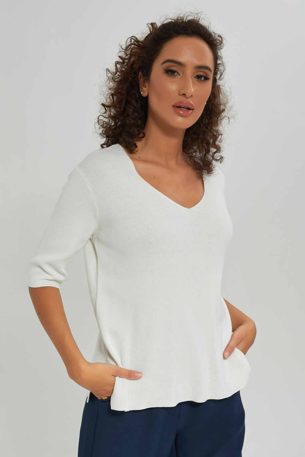 Redtag-Women-Ivory-Short-Sleeve-V-Neck-Pullover-Category:Pullovers,-Colour:Ivory,-Deals:New-In,-Dept:Ladieswear,-Filter:Women's-Clothing,-New-In-Women-APL,-Non-Sale,-S23A,-Section:Women,-Women-Pullovers-Women's-