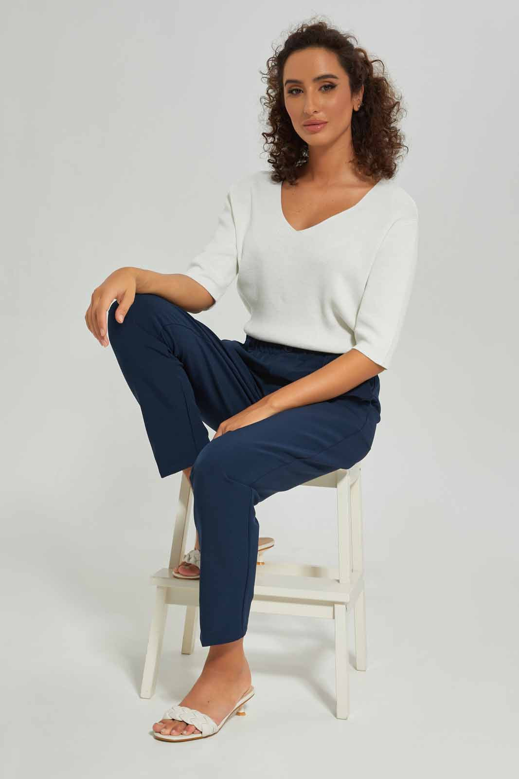 Redtag-Women-Ivory-Short-Sleeve-V-Neck-Pullover-Category:Pullovers,-Colour:Ivory,-Deals:New-In,-Dept:Ladieswear,-Filter:Women's-Clothing,-New-In-Women-APL,-Non-Sale,-S23A,-Section:Women,-Women-Pullovers-Women's-