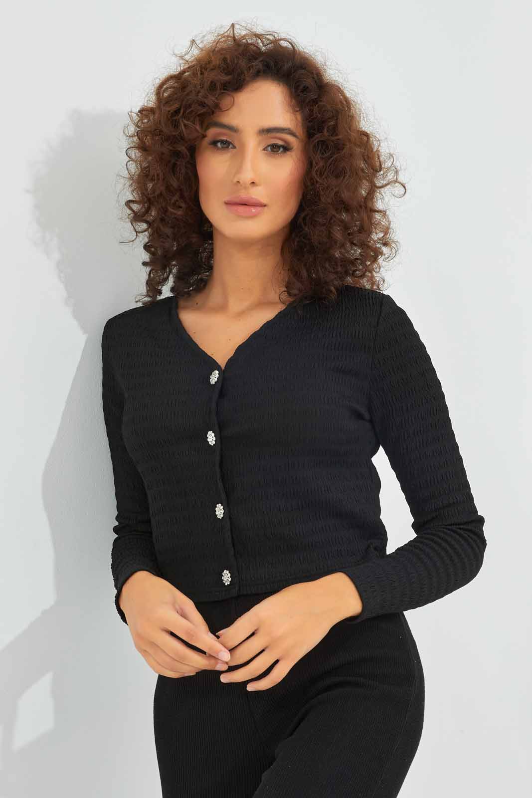Redtag-Women-Black-Front-Button-Crinkle-Jersey-Cardigan-Category:Cardigans,-Colour:Black,-Deals:New-In,-Dept:Ladieswear,-Filter:Women's-Clothing,-New-In-Women-APL,-Non-Sale,-S23A,-Section:Women,-Women-Cardigans-Women's-