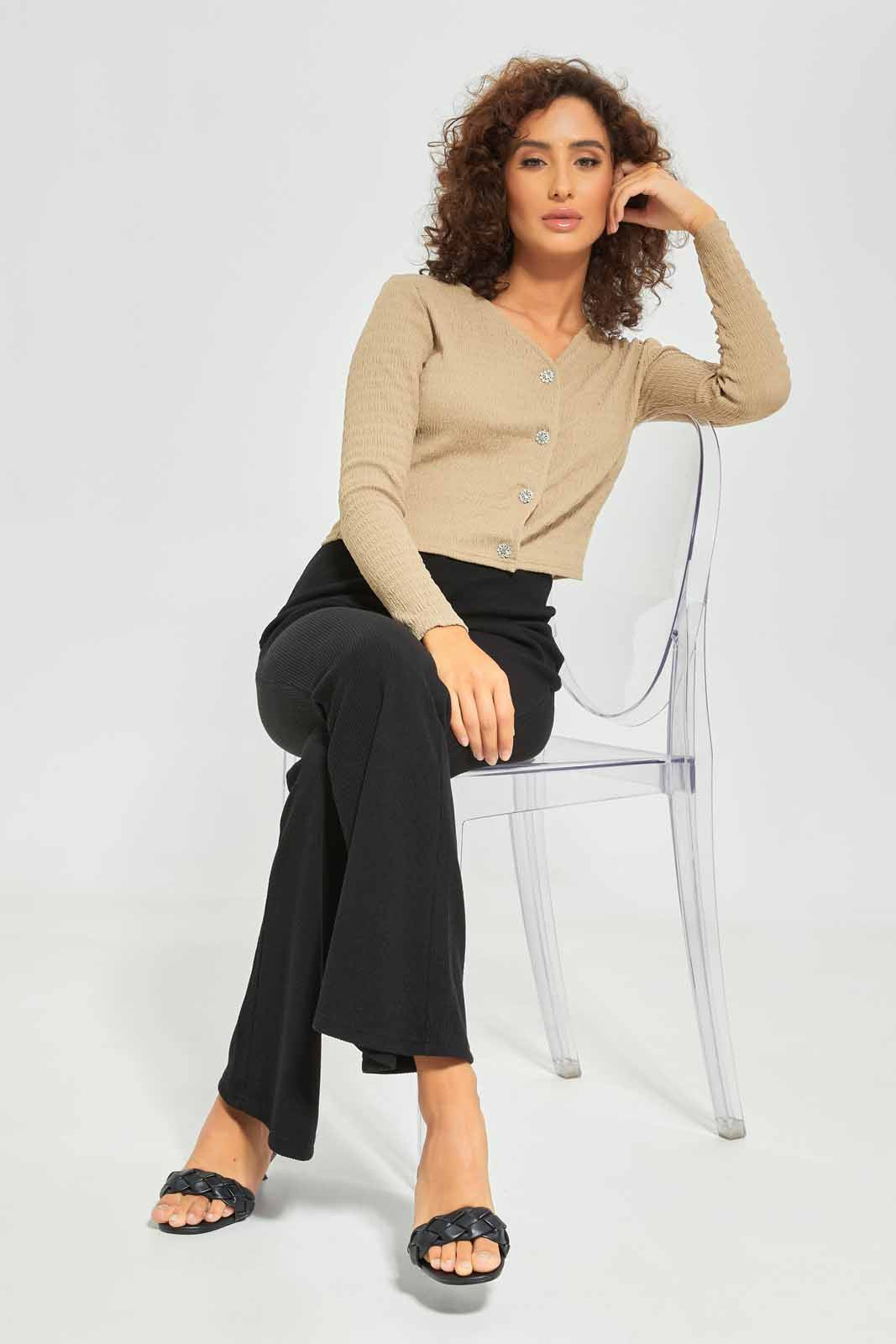 Redtag-Women-Brown-Front-Button-Crinkle-Jersey-Cardigan-Category:Cardigans,-Colour:Brown,-Deals:New-In,-Dept:Ladieswear,-Filter:Women's-Clothing,-New-In-Women-APL,-Non-Sale,-S23A,-Section:Women,-Women-Cardigans-Women's-
